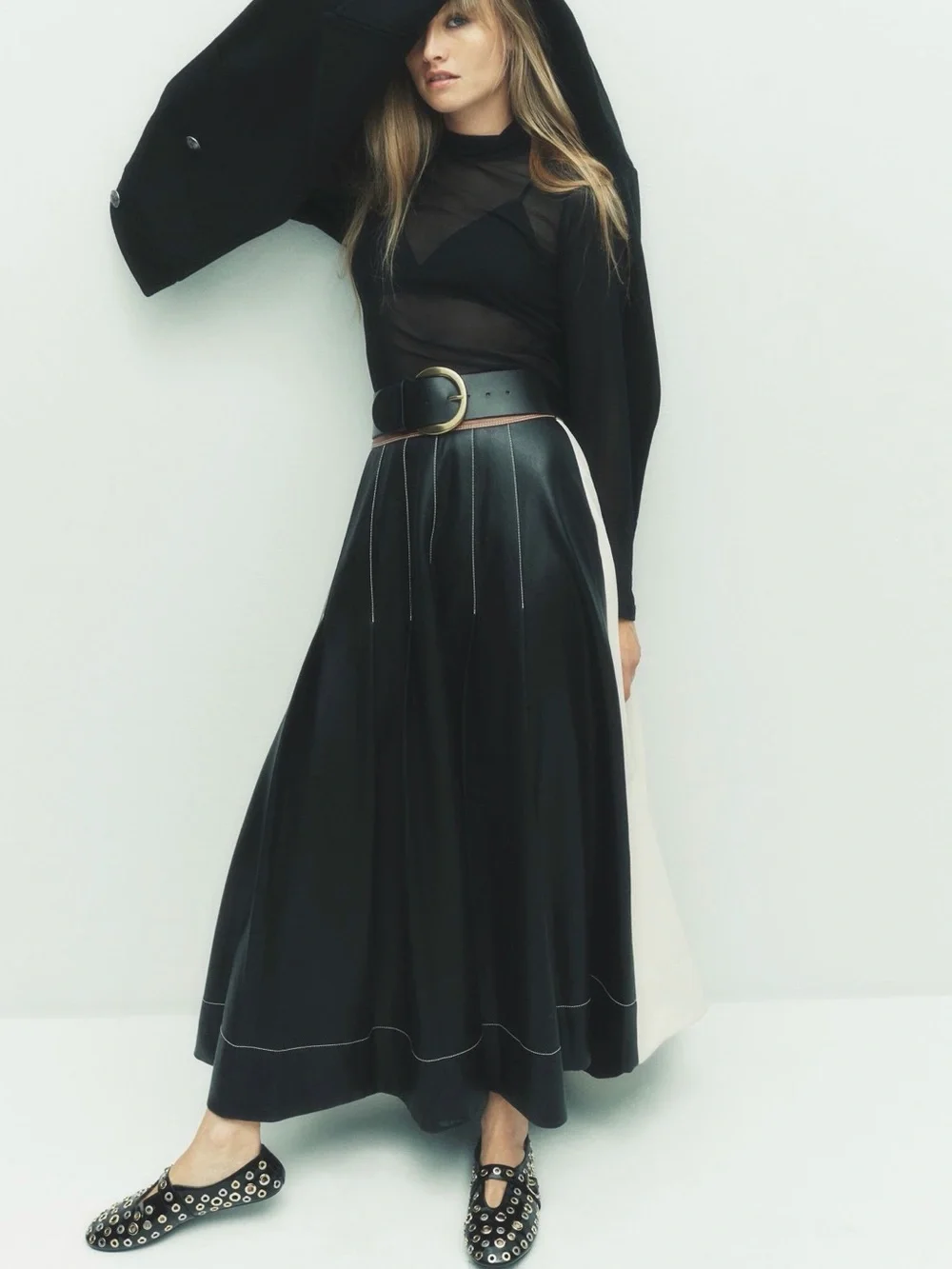 By Anthropologie Faux-Leather Colorblock Pleated Maxi Skirt Size 2 NWT